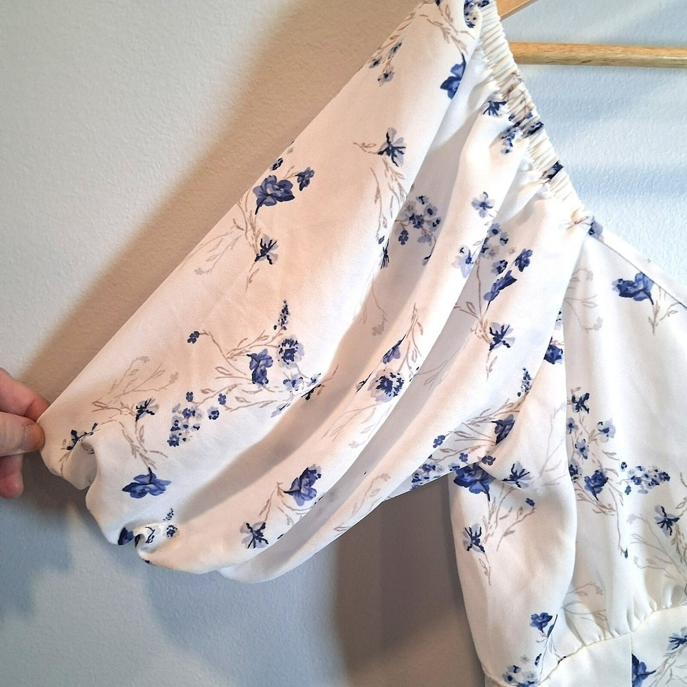 Sienna Sky Blue White Floral Milkmaid Top Large Boho Corset Puff Sleeve Coquette - Picture 4 of 10
